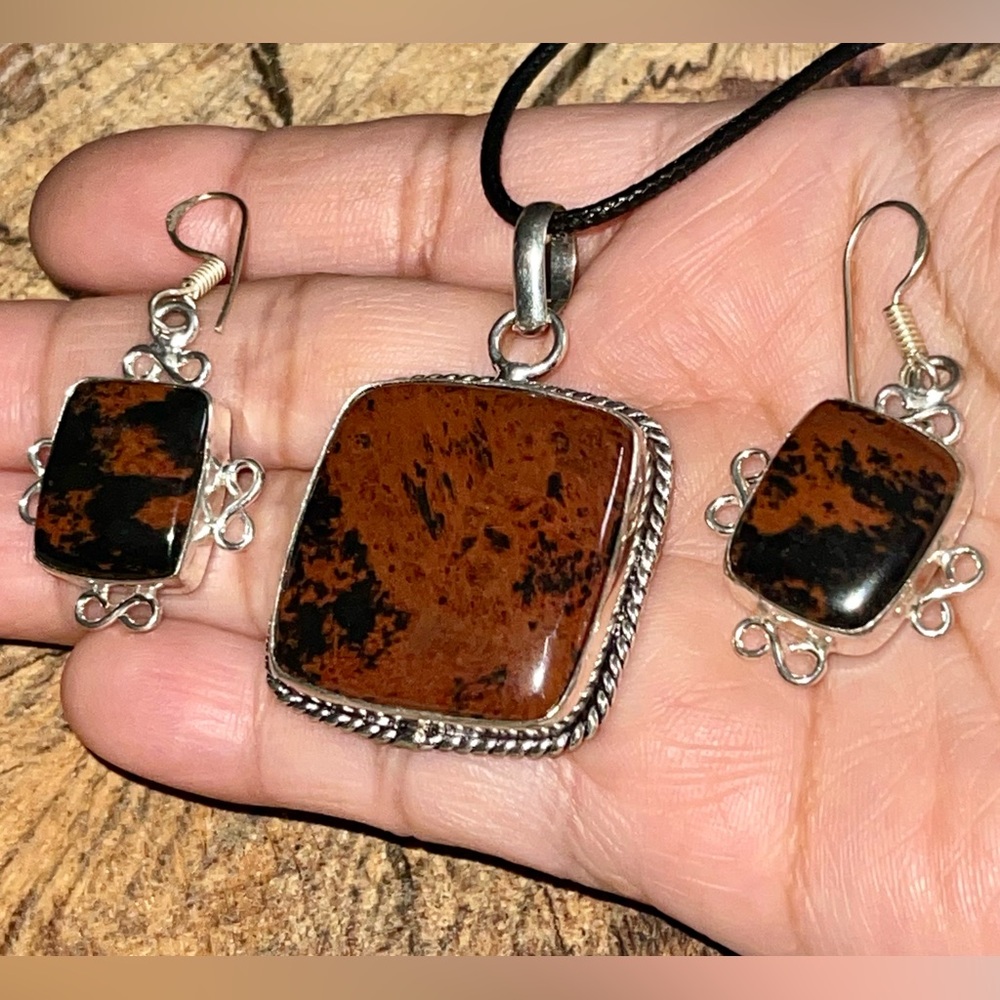 Lovely Cube Obsidian Pendant & Earrings 925S